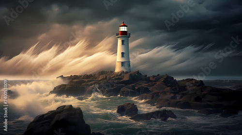 On a stormy night, a lighthouse guides the crashing waves under an ominous sky