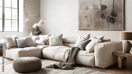 A minimalist living room with a cozy Scandinavian style sofa, adorned with textured cushions and throws photo