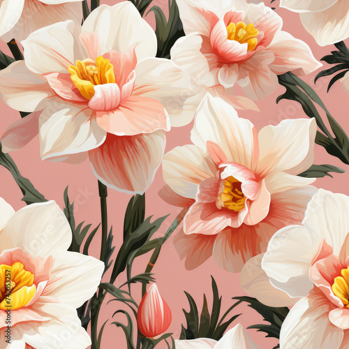 Hyper Realistic Illustration of Pink and White Daffodil Plants on Pink Background Seamless Pattern