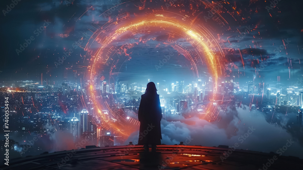 In a futuristic city a hero teleports through a circle portal emerging in a world where magic and technology intertwine - obrazy, fototapety, plakaty 