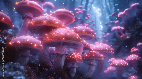 An explorer navigates a luminous forest of giant magic mushrooms casting fluorescent light on a path unknown photo