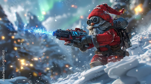 Futuristic gnome warrior in 3D wielding a laser pickaxe against a shimmering ice wall under aurora-filled skies photo
