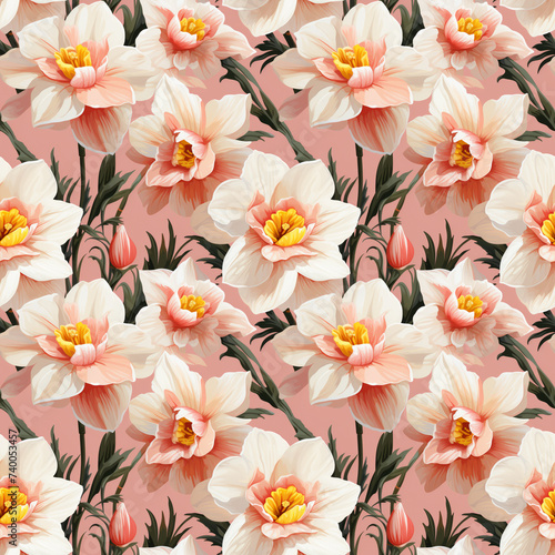 Hyper Realistic Illustration of Pink and White Daffodil Plants on Pink Background Seamless Pattern