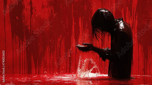 Psychological thriller concept shadowy figure washing blood off hands guilt and horror