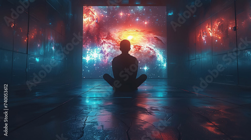 Silhouette of a prisoner praying in a high-tech prison cell the only light coming from a digital window displaying the cosmos