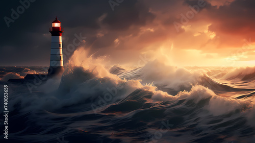 On a stormy night, a lighthouse guides the crashing waves under an ominous sky © xuan