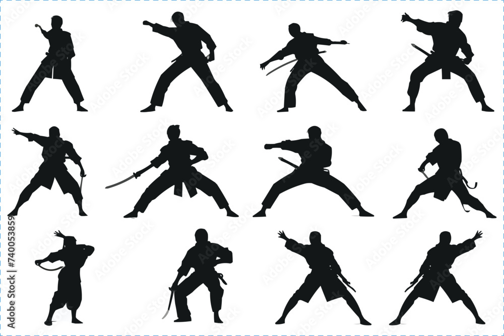 Obraz premium Black silhouettes of Martial Art, Silhouettes of martial arts fighters, Martial art silhouettes in different poses, Karate Silhouette, Martial arts, Martial exercise 