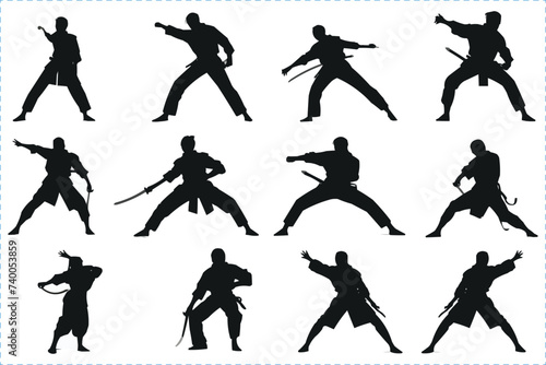 Black silhouettes of Martial Art, Silhouettes of martial arts fighters, Martial art silhouettes in different poses, Karate Silhouette, Martial arts, Martial exercise 