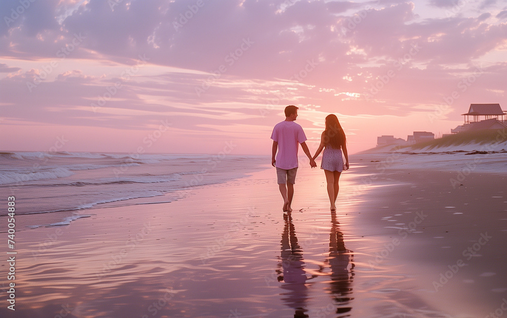 Fototapeta premium Couple walking on the beach in the sunset. Hand in hand. Seaside. Pink, grey and blue colors