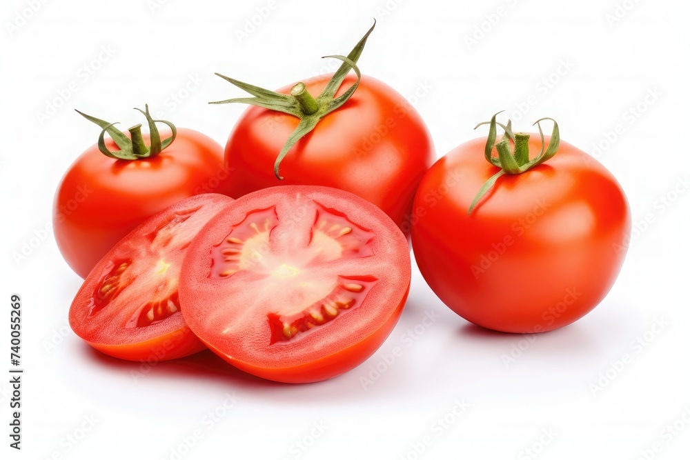 Half and whole fresh tomatoes isolated on white background Half and whole fresh tomatoes isolated on white background
