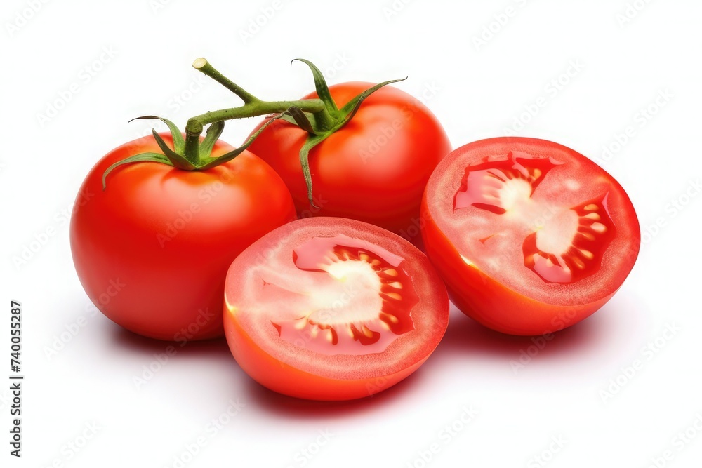 Half and whole fresh tomatoes isolated on white background Half and whole fresh tomatoes isolated on white background