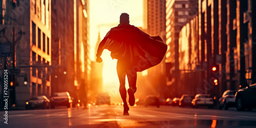 a man dressed as a super hero running through the city photo