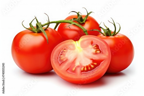 Half and whole fresh tomatoes isolated on white background
