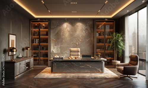 Luxury office interior with marble walls and stylish bookcase along the wall. There is wooden floor and glass ceiling. © Vadim