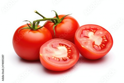 Half and whole fresh tomatoes isolated on white background