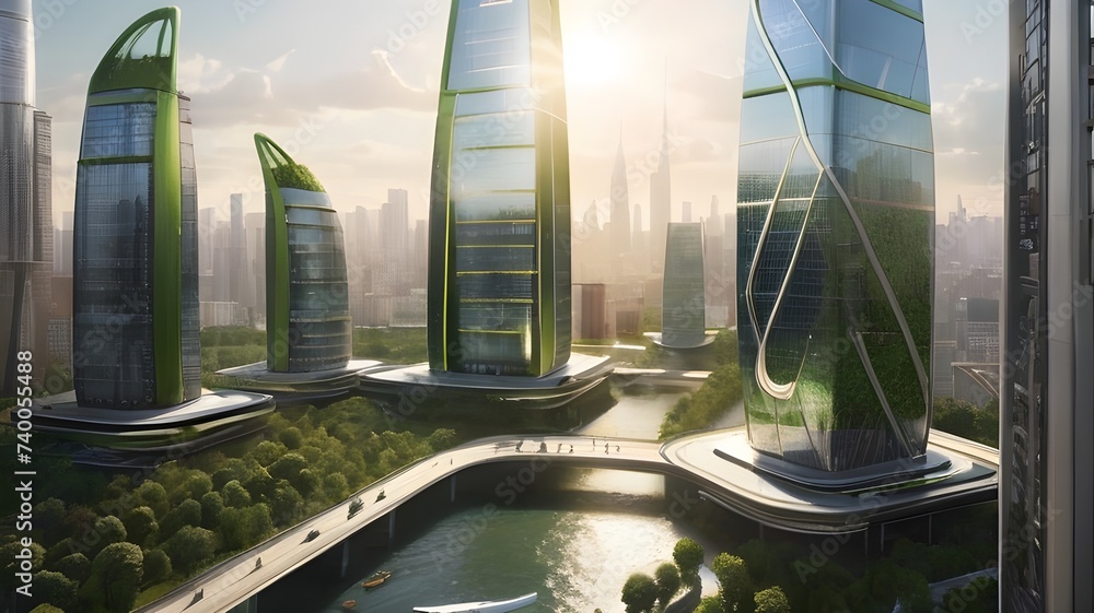Futuristic cityscape blends nature with sleek high-rises, reflecting eco-friendly urban living amidst misty skyline, modern office buildings creating with green energy concept in a city