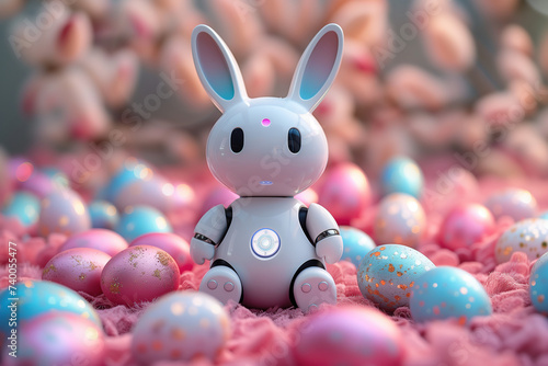 Cute rabbit cyber toy. Template for Easter greeting card.