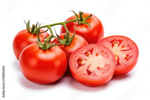 Half and whole fresh tomatoes isolated on white background
