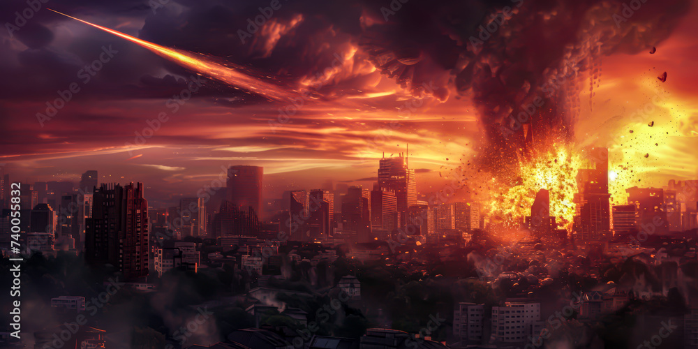 a meteor impact in a big city causing widespread damage and loss of life