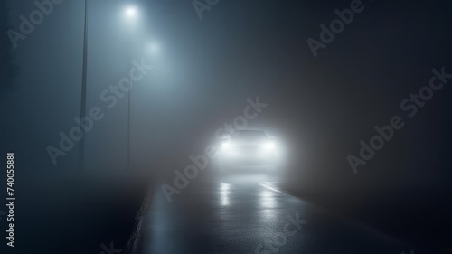 The car is driving along a foggy highway with headlights on.