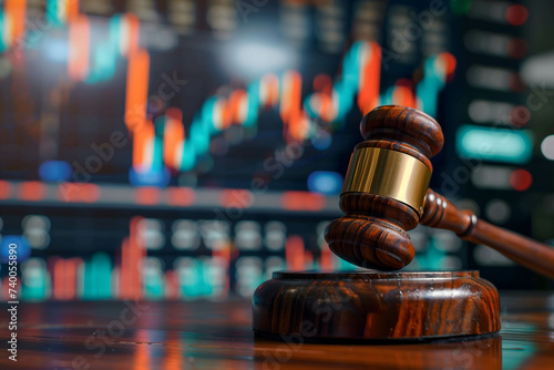 gavel with stock market background, laws and punishments for investors or executives who commit wrongdoing in investing in stock market photo