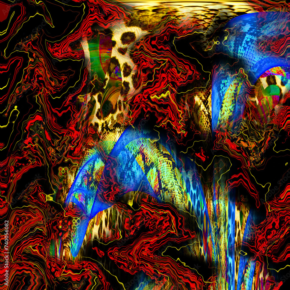 Naklejka premium Combination textile collage pattern of wave and lines colored leopard snake tiger textures