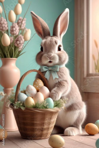 Easter rabbit holding busket with spring flowers and easter eggs. © elena_hramowa