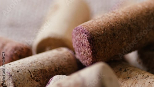 close-up of wine bottle corks rotating in a pile. wine cellar concept. alcohol market, drinking wine photo