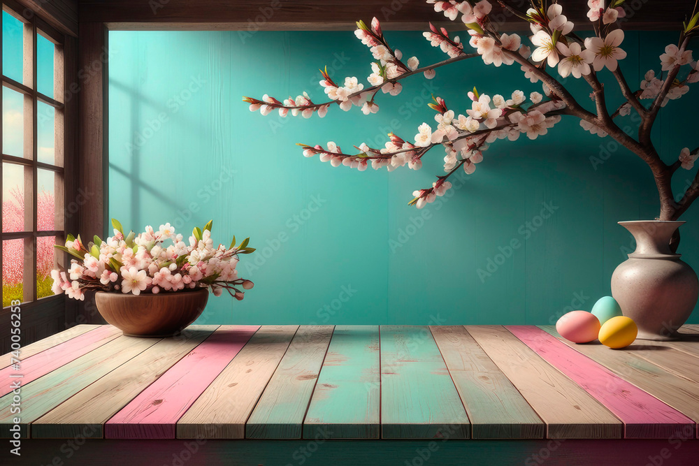Empty wooden table for product presentation, easter morning. - obrazy, fototapety, plakaty 