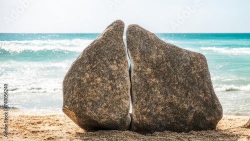 A large stone is split into two parts on the shore of a sandy beach.