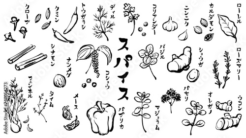 胡椒、クローブ、バジル、シナモンなどスパイス22種類の和風ベクターイラストセット（白黒）。