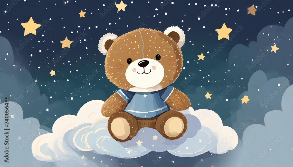 Cute little bear is sitting on the cloud and watching the stars, vector illustration, kids fashion artworks, baby graphics for wallpapers and prints. Cute little bear is sitting on the cloud and watching the stars, vector illustration, kids fashion artworks, baby graphics for wallpapers and prints.