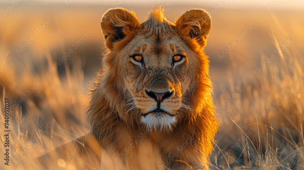 Obraz premium close up wildlife photography, authentic photo of a lion in natural habitat, taken with telephoto lenses, for relaxing animal wallpaper and more