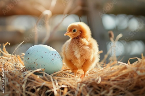 Newborn Chick Next to an Egg on a Straw Bed Under Warm Light