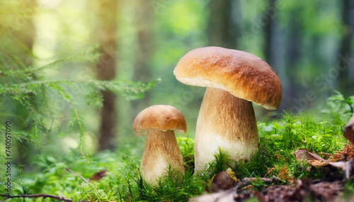 Two porcini mushrooms in forest. Copy space.