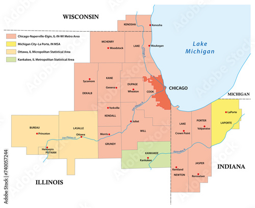 Administrative vector map of the Chicago metropolitan area