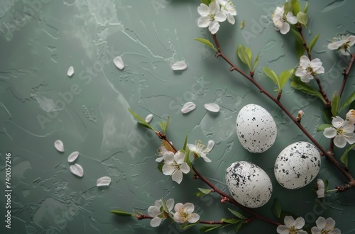 easter eves with flowers on a green table and white eggs