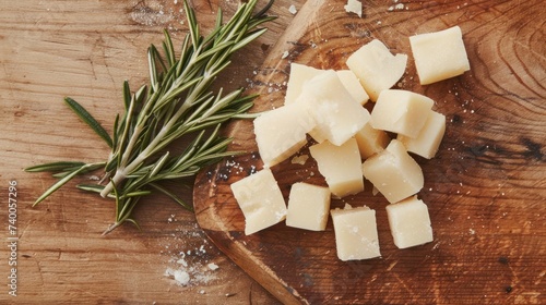 Diced cheese lies on a wooden board next to a sprig of rosemary