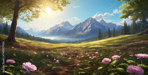 a view of a beautiful flower field with trees all around, and mountains in the background with soft sunlight filtering through the leaves and on the field floor photo