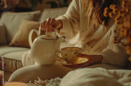 female hands pouring tea out of the teapot on couch