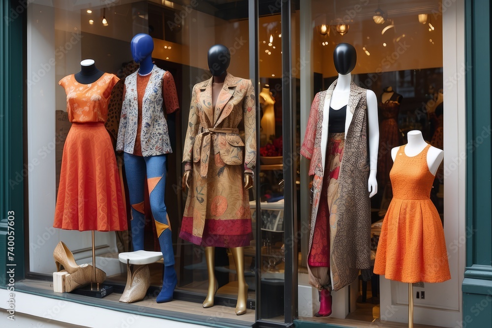 A beautiful bright multicolored showcase of a women's clothing store. White mannequins wearing different clothes, accessories in the shop window. Shopping, interior designer concepts.