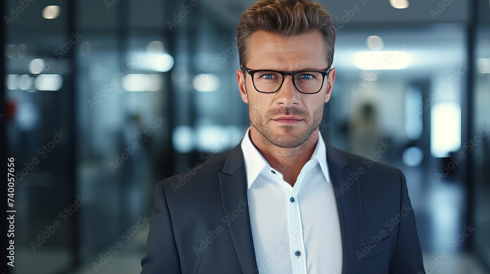 Fototapeta premium Business, people and work concept - tired businessman with eyeglasses in office