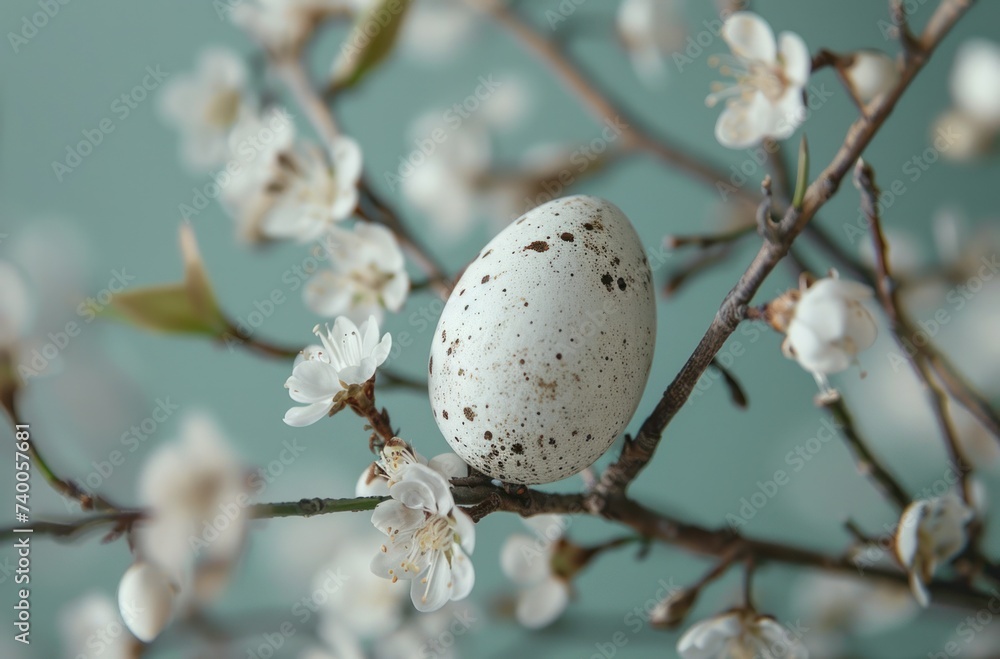 easter egg on green background, closeup of white flowers with fresh air background