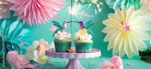 cupcakes decorated with sparklers and hummingbirds