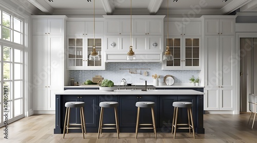 a coastal inspired kitchen with white cabinets and navy blue island, evoking a nautical and seaside vibe photo
