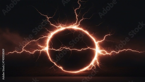 lightning in the dark surrounding the event horizon of a black hole  a lightning bolt that forms a circle  shape in the sky, creating a contrast between the romantic and the electric   photo