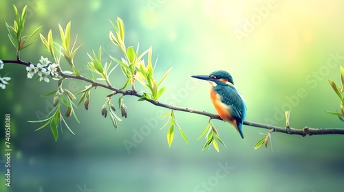 Common kingfisher sits on willow branch with fresh green, Hesse, Germany