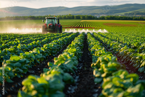 A tractor sprays pesticides on a vegetable field to exterminate pests and diseases. Concept for healthy and delicious vegetable cultivation and agriculture. photo