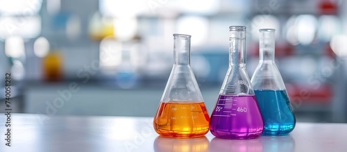 Group of laboratory flasks and beaker for experiment with color liquid in science laboratory photo