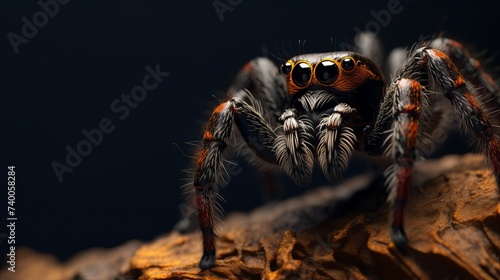 Close up of Phidippus regius jumping spider on the dark background photo
